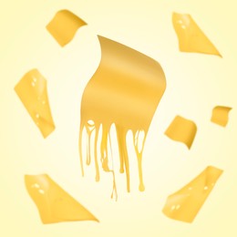 Slices of cheese falling on yellow background