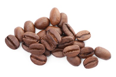 Many aromatic roasted coffee beans isolated on white, top view