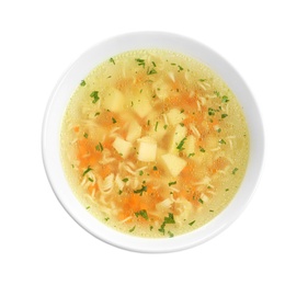 Photo of Hot vegetable soup with noodles in bowl on white background, top view. Healthy food