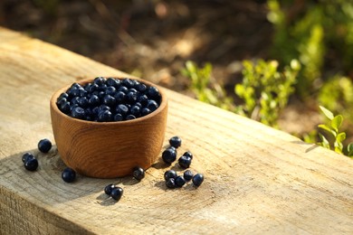 Photo of Bowl of bilberries on wooden table outdoors, space for text