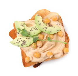 Delicious sandwich with hummus, avocado and chickpeas on white background, top view
