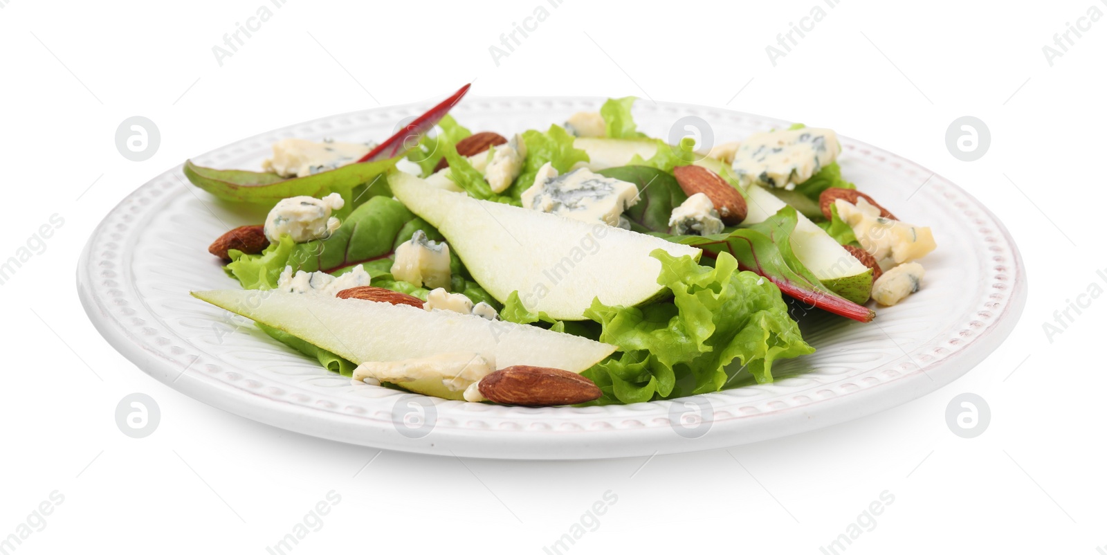 Photo of Plate with delicious pear salad isolated on white