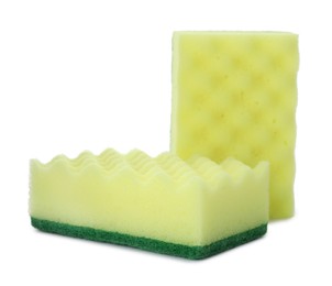 Photo of Yellow cleaning sponge with abrasive green scourers on white background