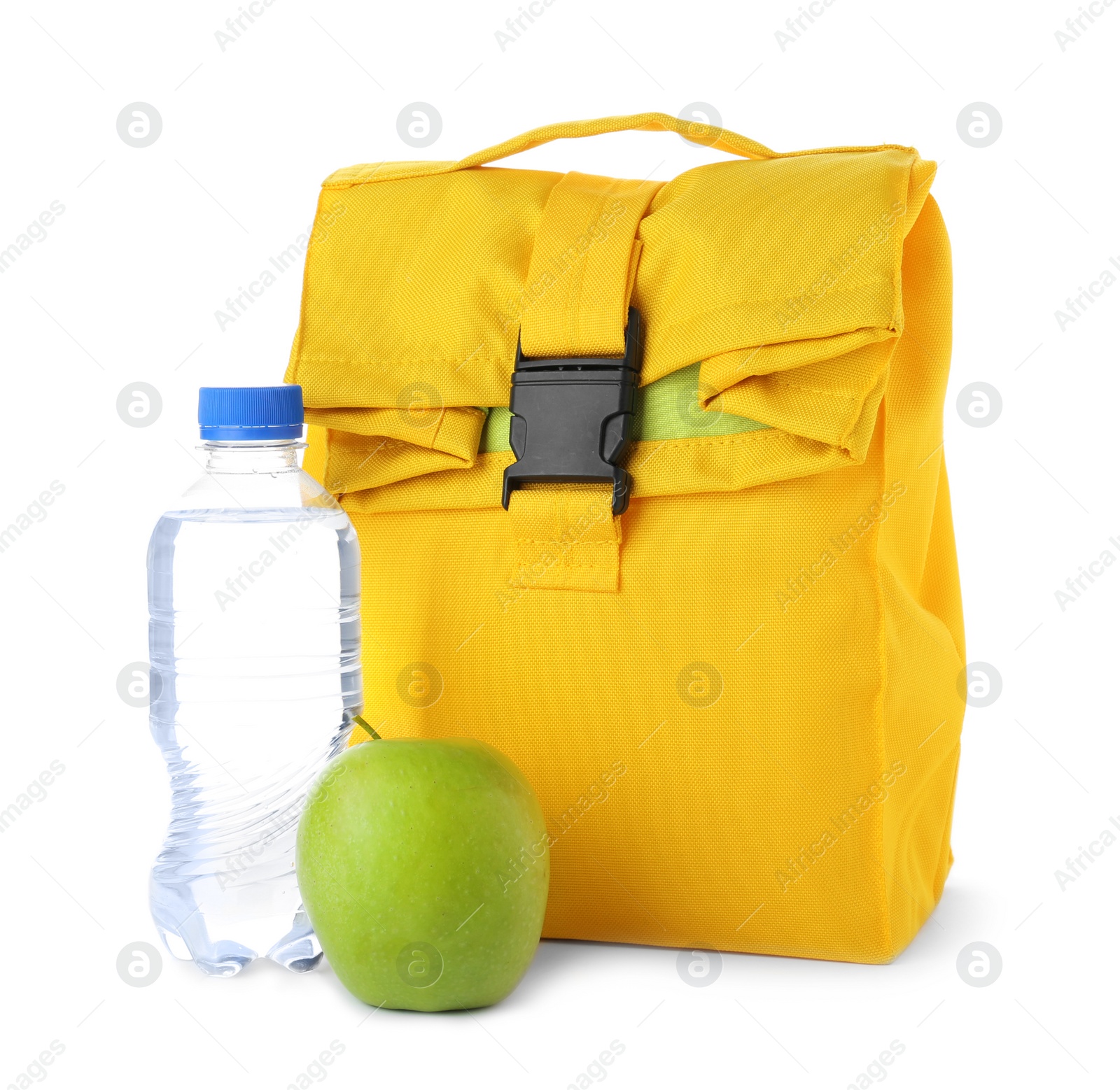 Photo of Lunch bag with healthy food for schoolchild on white background