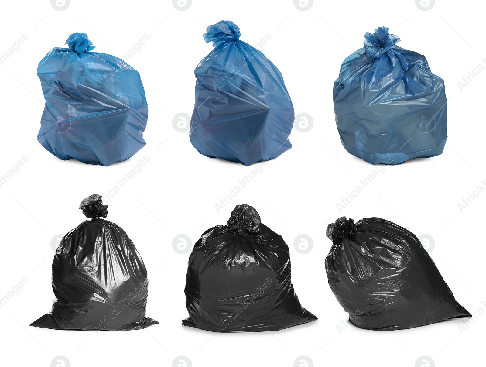 Image of Set with trash bags filled with garbage on white background 