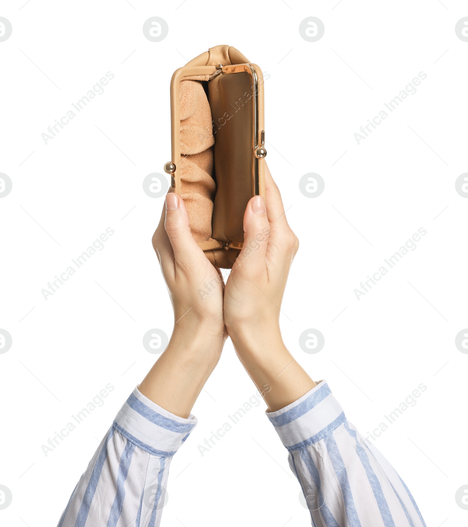 Photo of Woman with empty wallet on white background, closeup