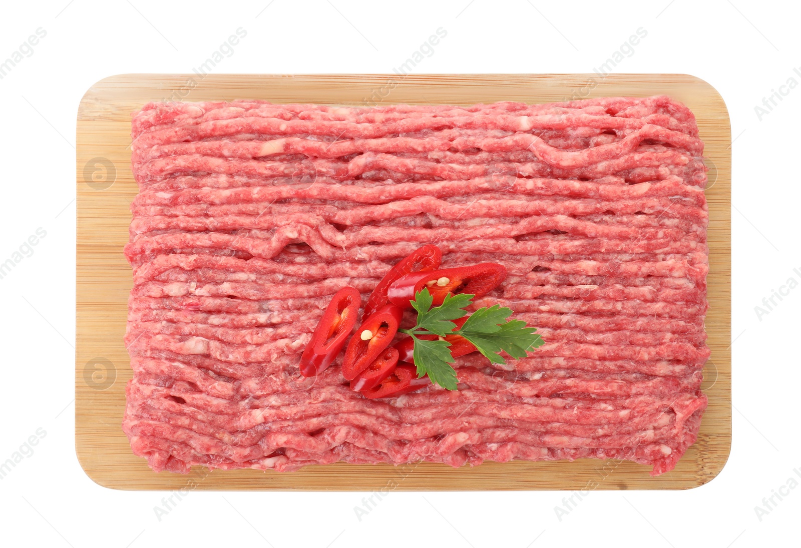 Photo of Board with raw ground meat, chili pepper and parsley isolated on white, top view