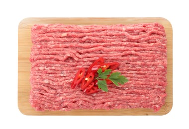 Photo of Board with raw ground meat, chili pepper and parsley isolated on white, top view