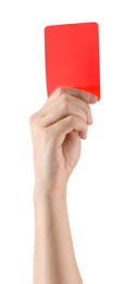 Photo of Referee holding red card on white background, closeup