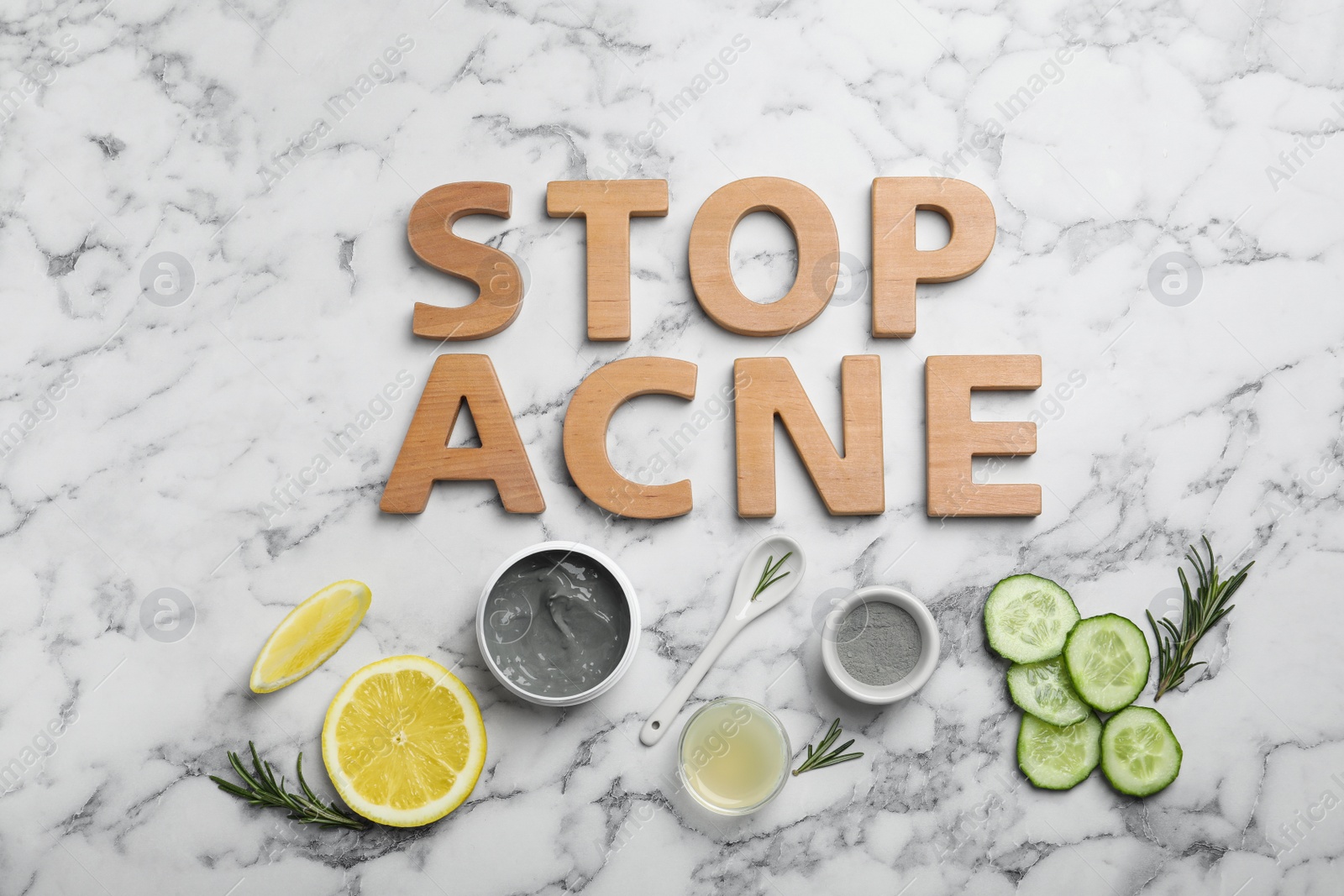 Photo of Phrase "Stop acne" and homemade effective problem skin remedies on light background, flat lay