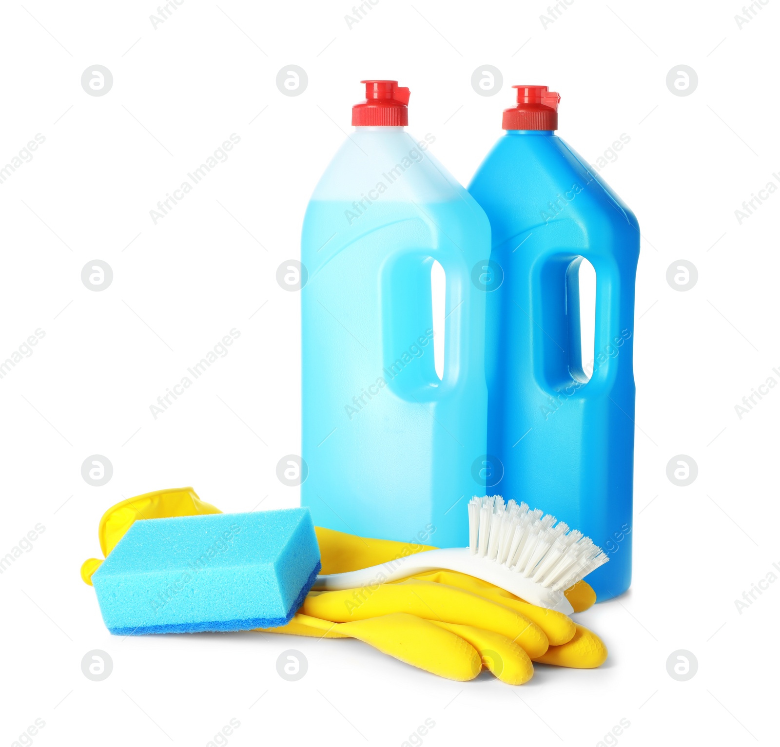 Photo of Cleaning supplies for dish washing on white background