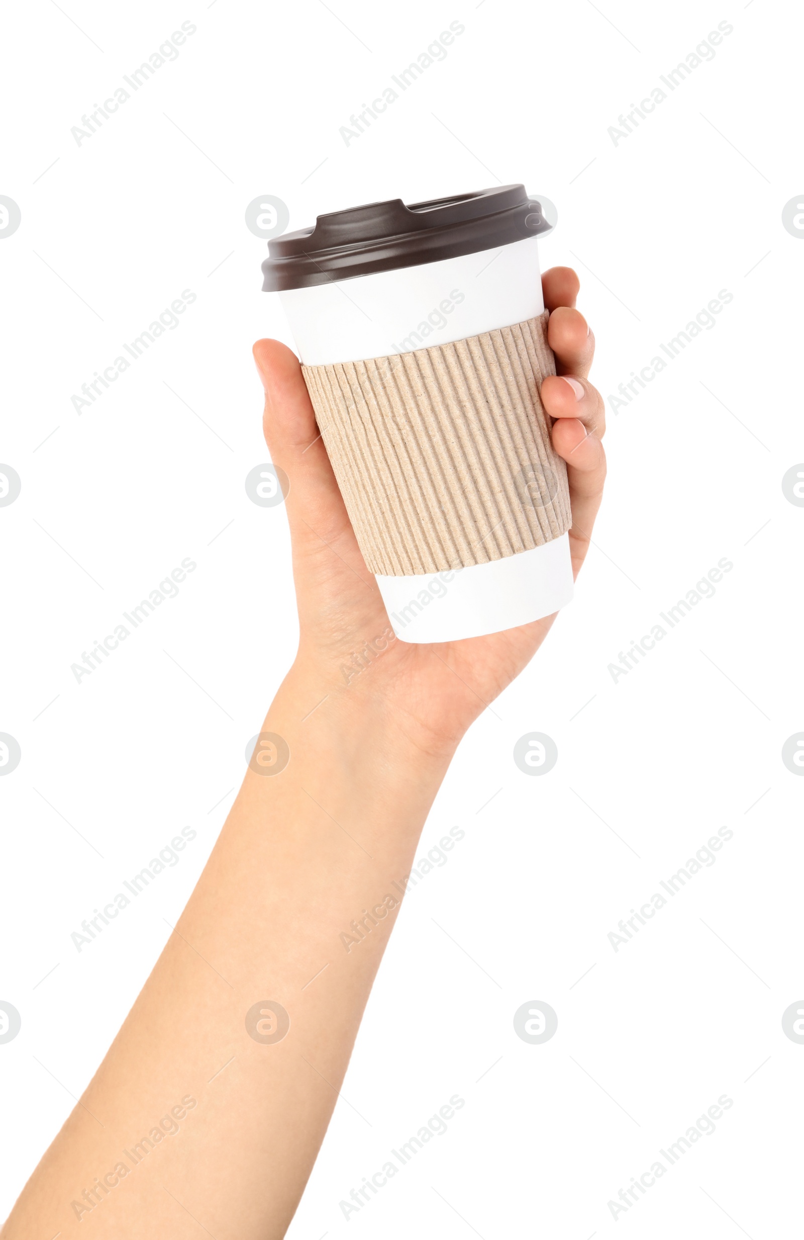 Photo of Woman holding takeaway paper coffee cup with cardboard sleeve on white background, closeup