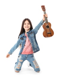 Little cheerful girl with guitar, isolated on white