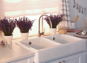 Beautiful lavender flowers on countertop near sink in kitchen