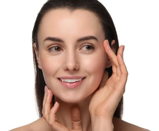 Portrait of beautiful young woman on white background