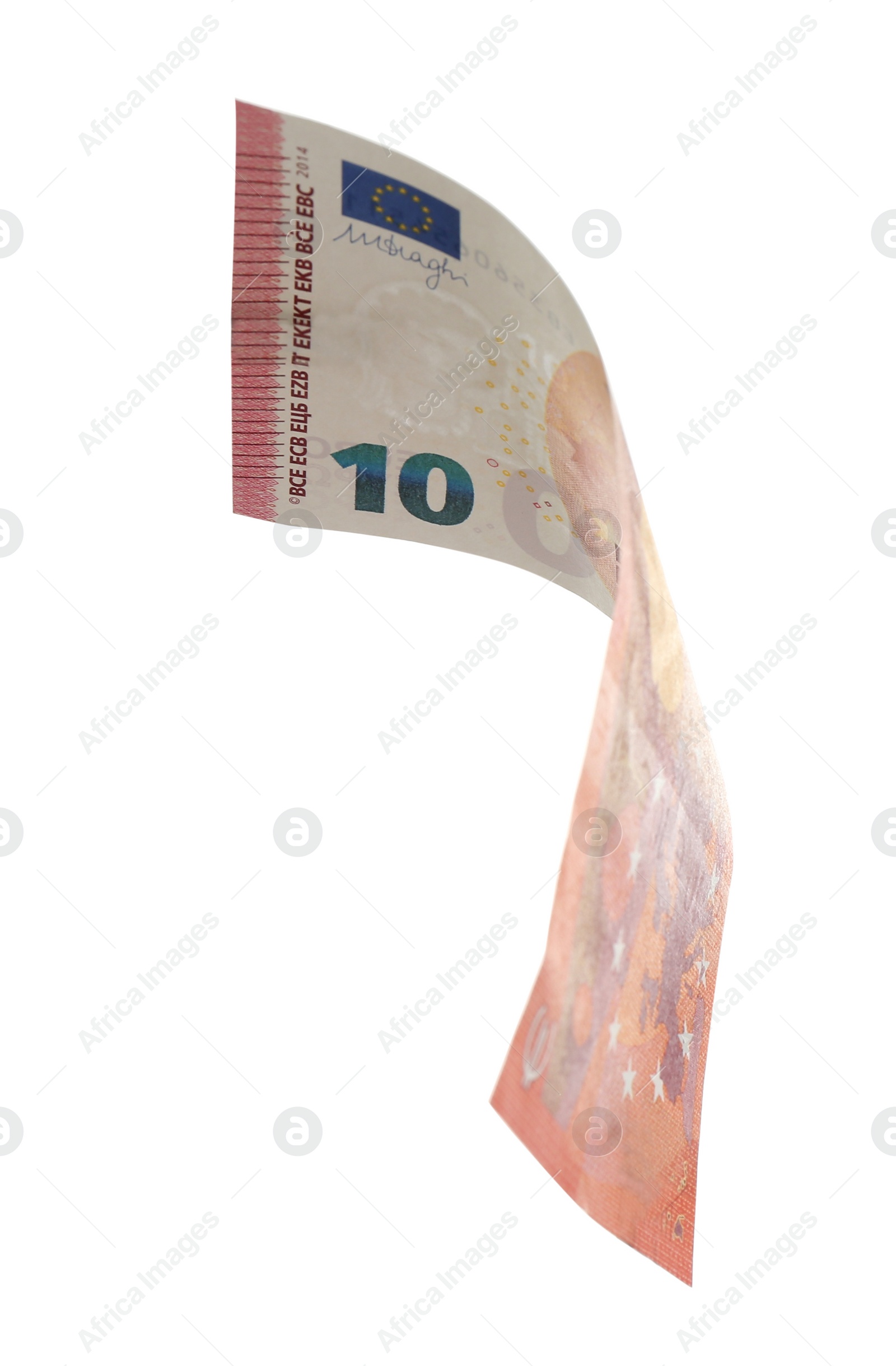 Photo of Euro banknote isolated on white. Flying money