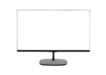 Photo of Modern computer monitor with black screen isolated on white