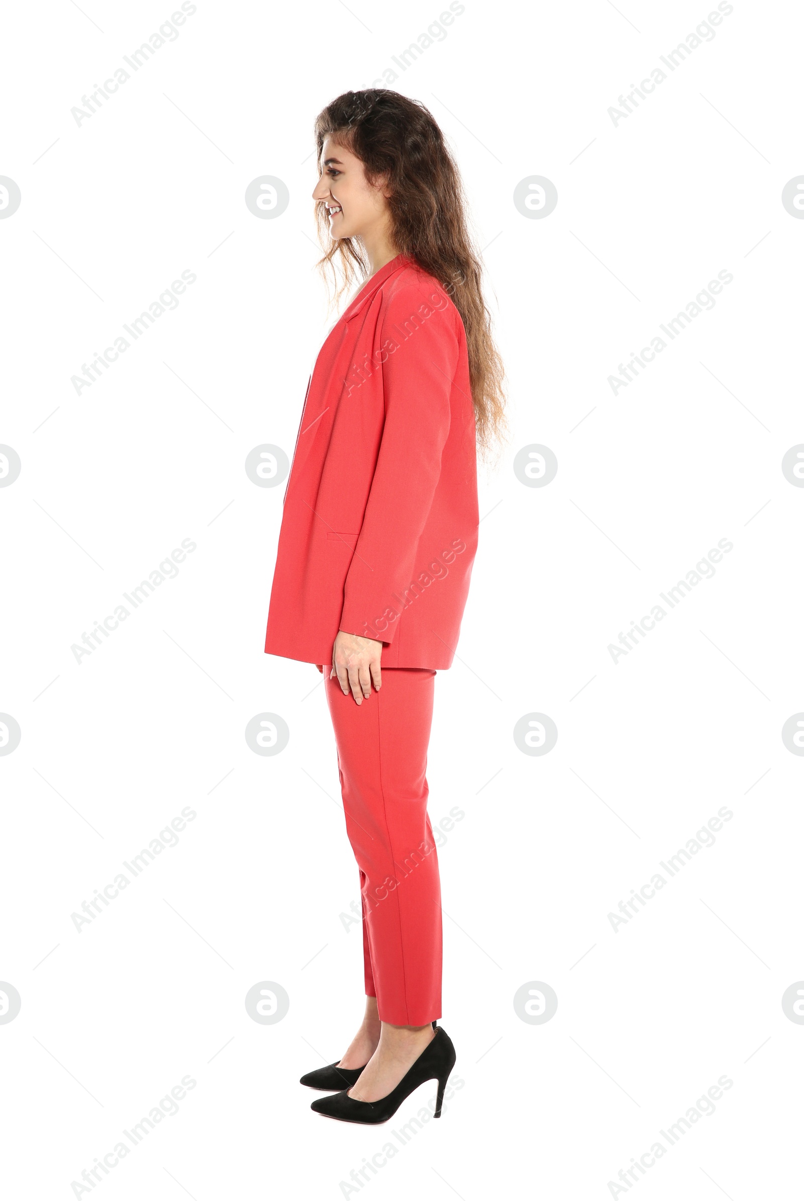 Photo of Beautiful young woman in stylish suit on white background