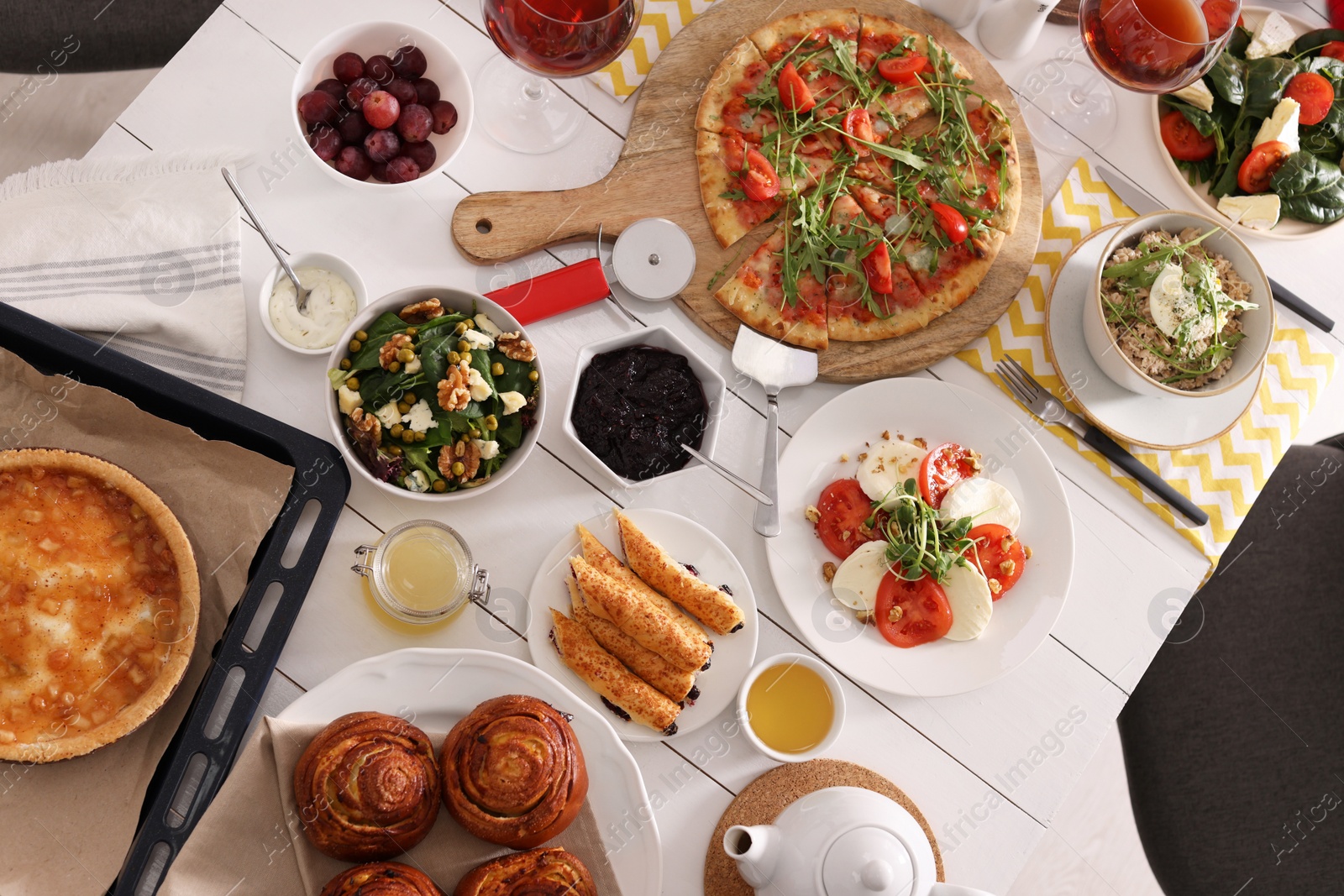 Photo of Many different dishes served on buffet table for brunch, flat lay