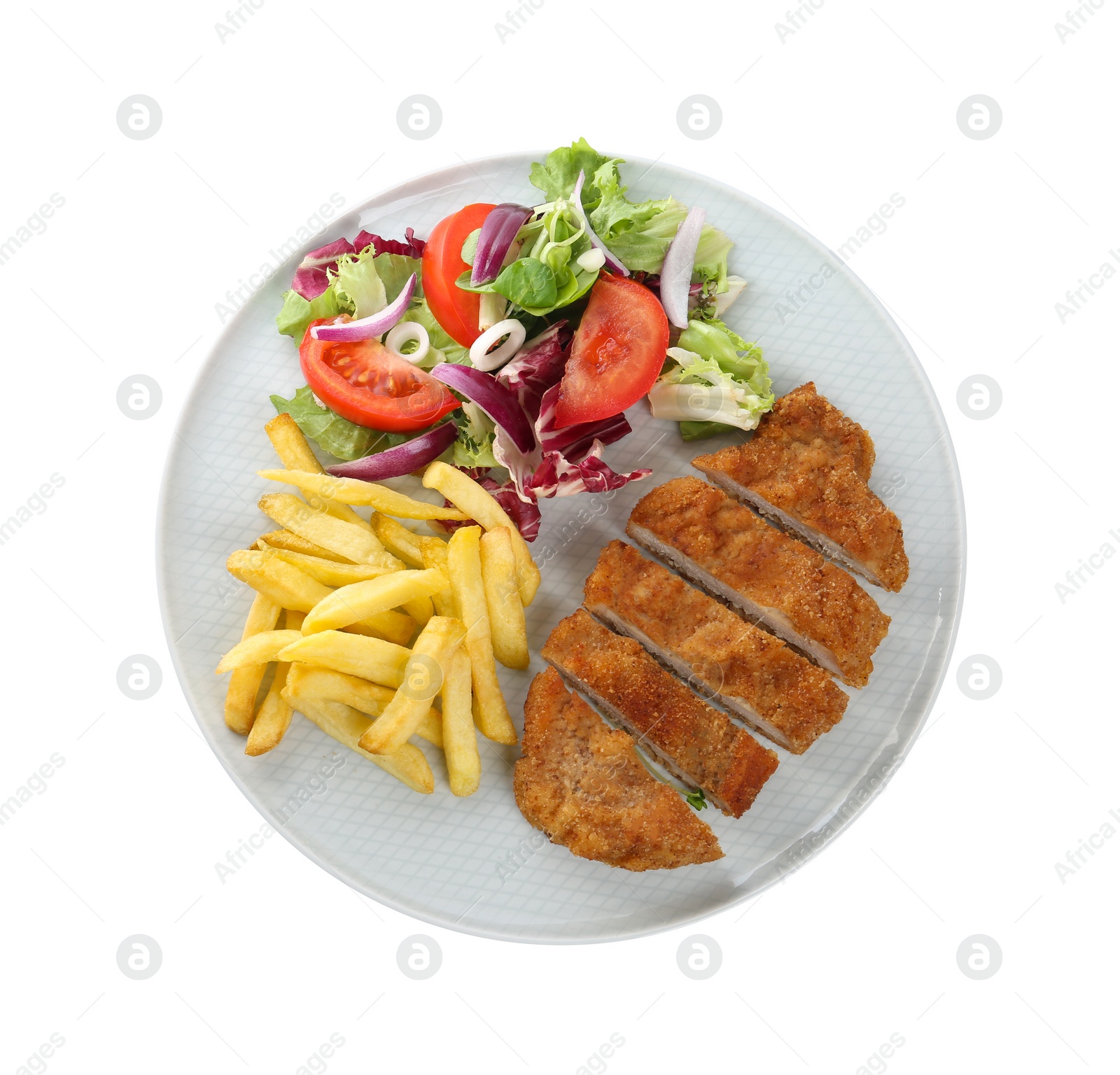 Photo of Plate of delicious cut schnitzel with french fries and vegetable salad isolated on white, top view