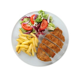 Photo of Plate of delicious cut schnitzel with french fries and vegetable salad isolated on white, top view