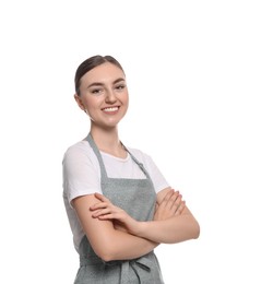 Photo of Beautiful young woman in clean apron on white background