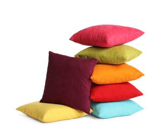 Different colorful decorative pillows on white background