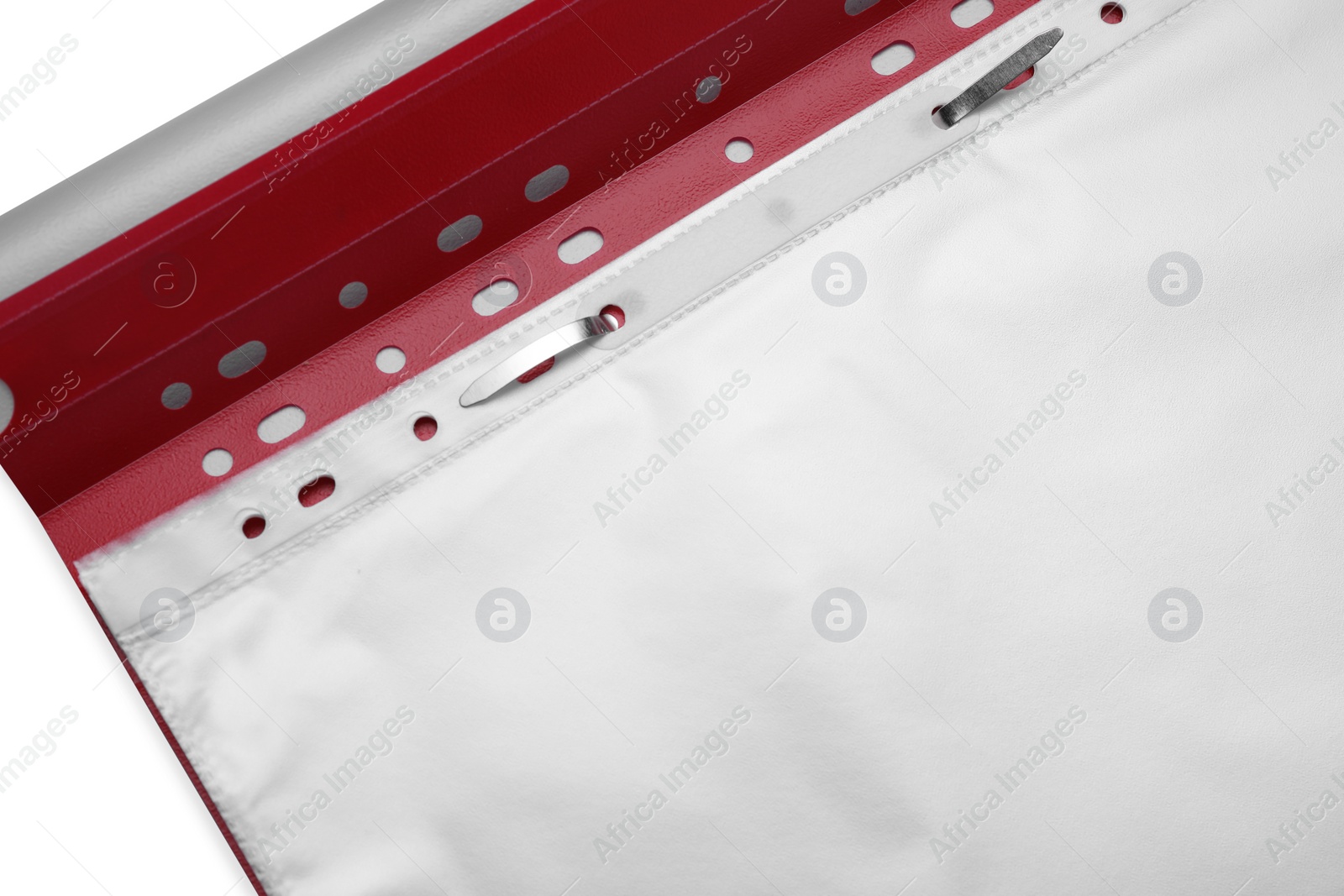 Photo of File folder with punched pockets on light grey background, closeup