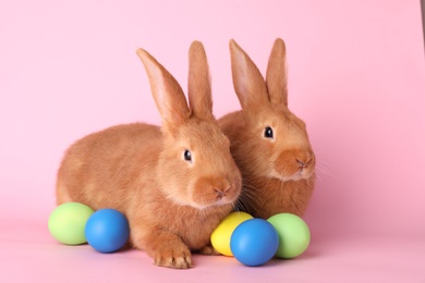 Photo of Cute bunnies and Easter eggs on pink background