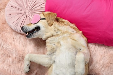 Cute Labrador Retriever with sleep mask resting on faux fur, top view