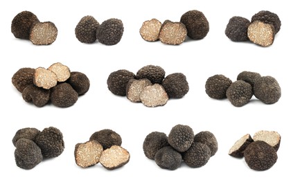 Image of Set with expensive delicious black truffles on white background