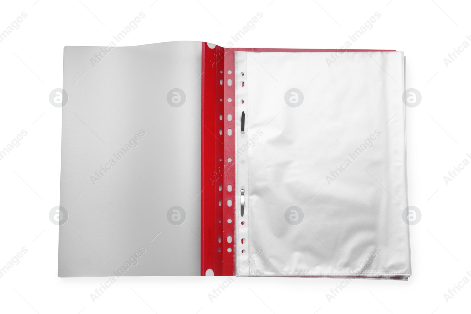 Photo of File folder with punched pockets isolated on white, top view