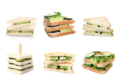 Image of Collage with tasty cucumber sandwiches on white background