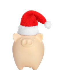 Cute piggy bank with Santa hat on white background