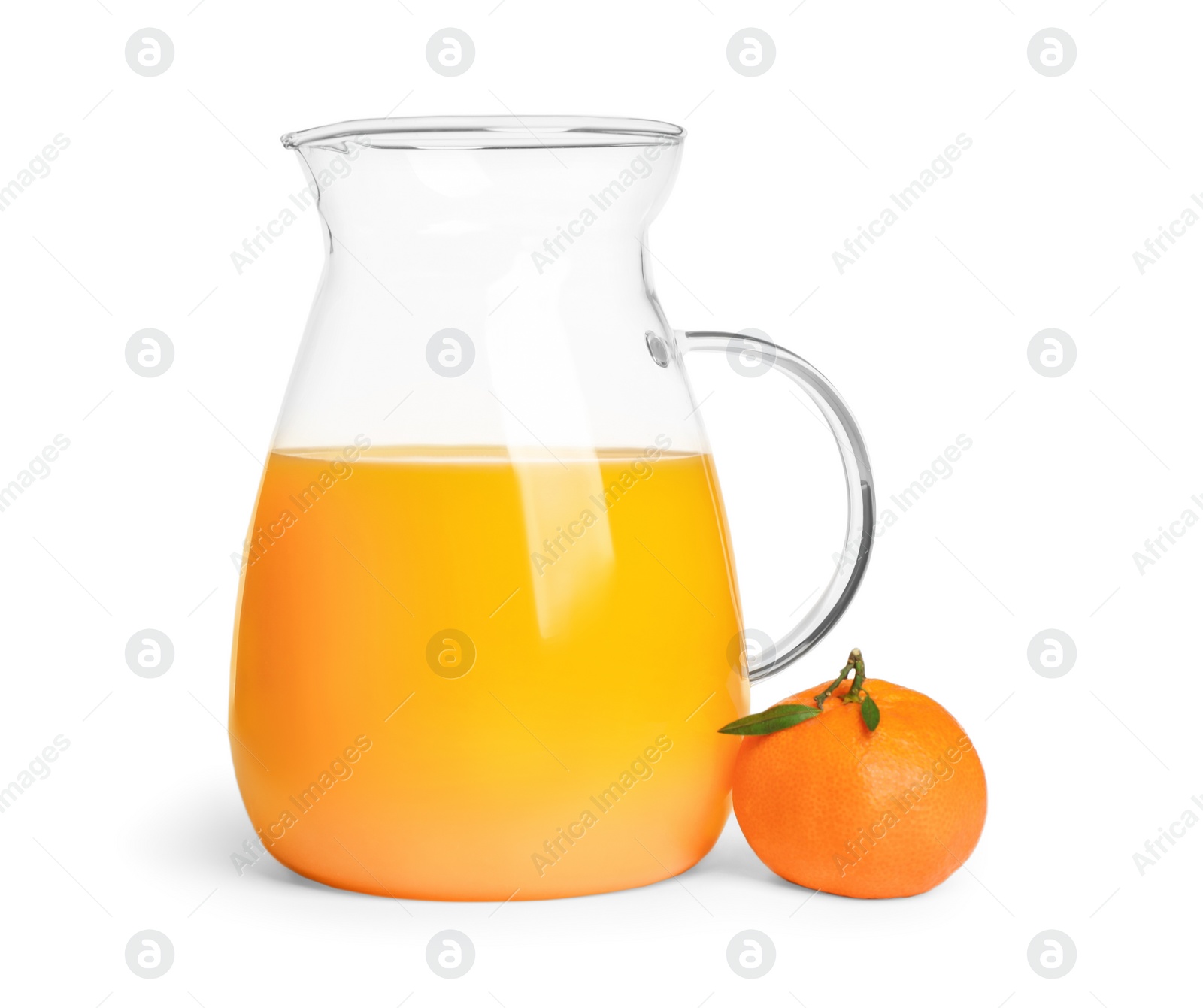 Photo of Fresh tangerine and jug of juice isolated on white