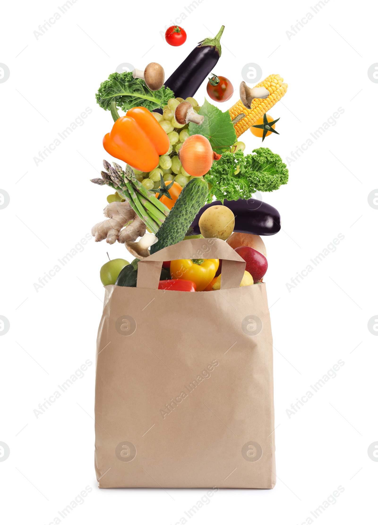 Image of Paper bag with vegetables and fruits on white background. Vegetarian food 