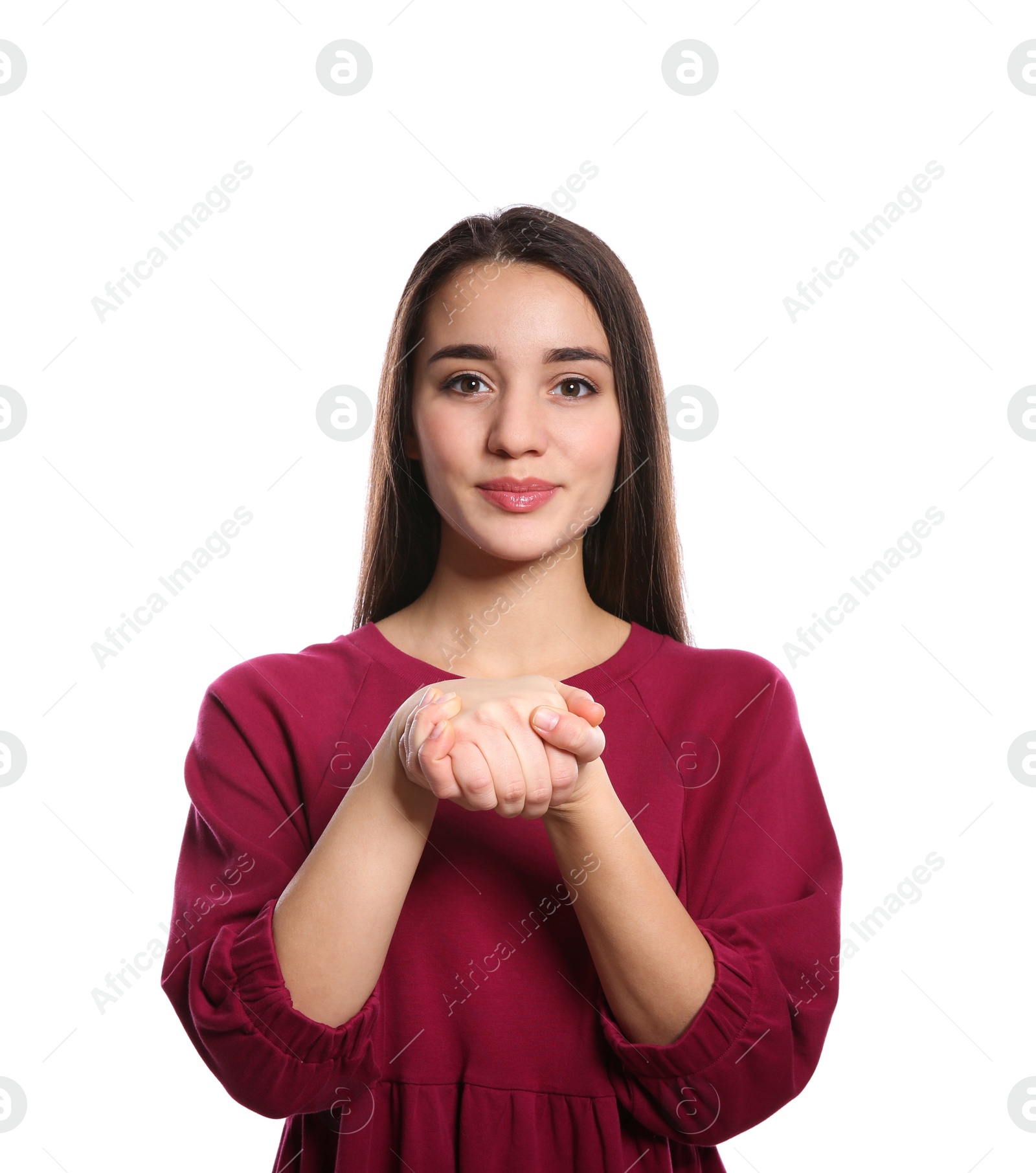 Photo of Woman showing BELIEVE gesture in sign language on white background