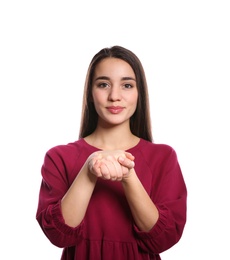 Woman showing BELIEVE gesture in sign language on white background