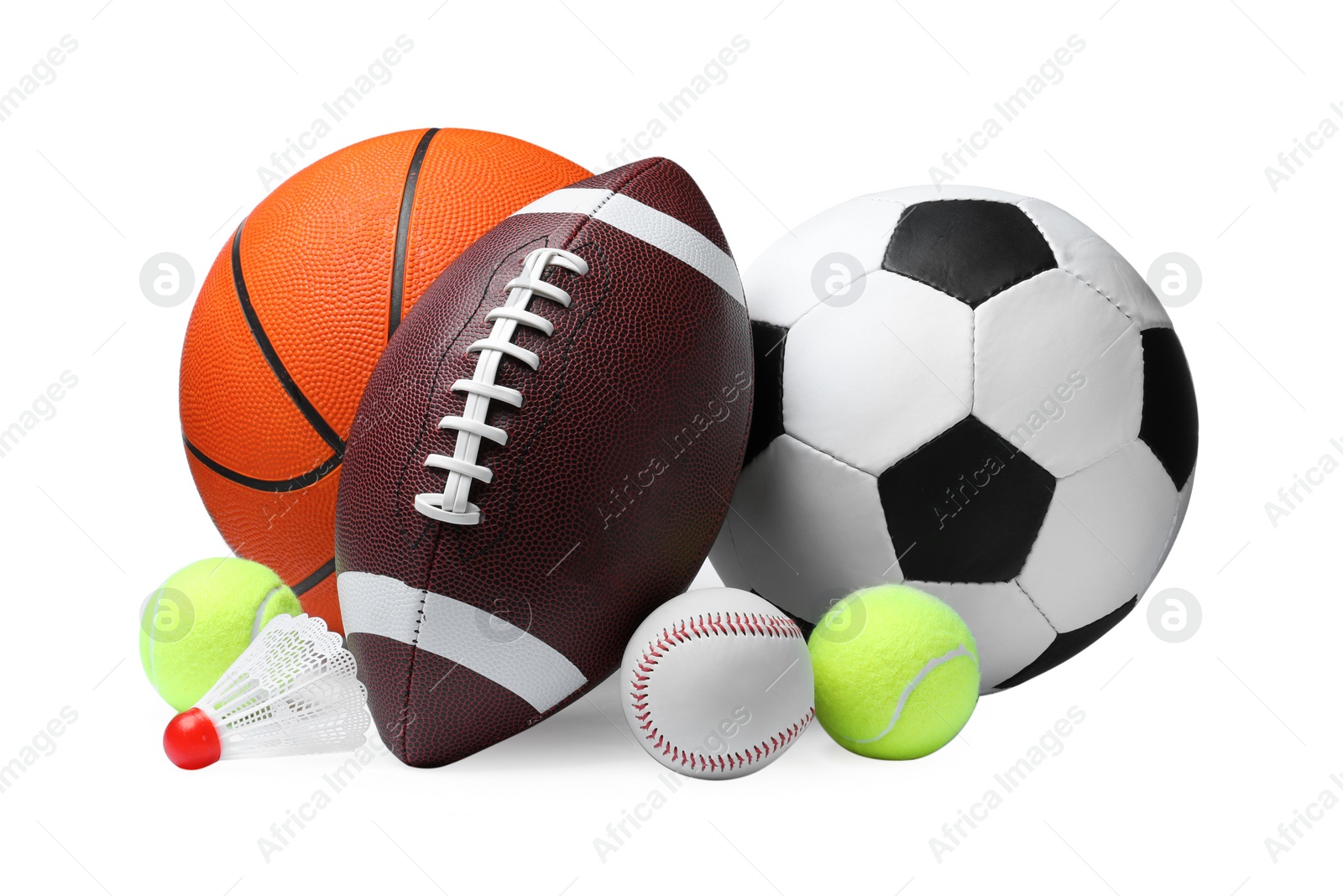 Photo of Set of different sport balls and shuttlecock on white background