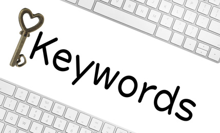 Image of Word Keywords, computer keyboards and key on white background. SEO direction