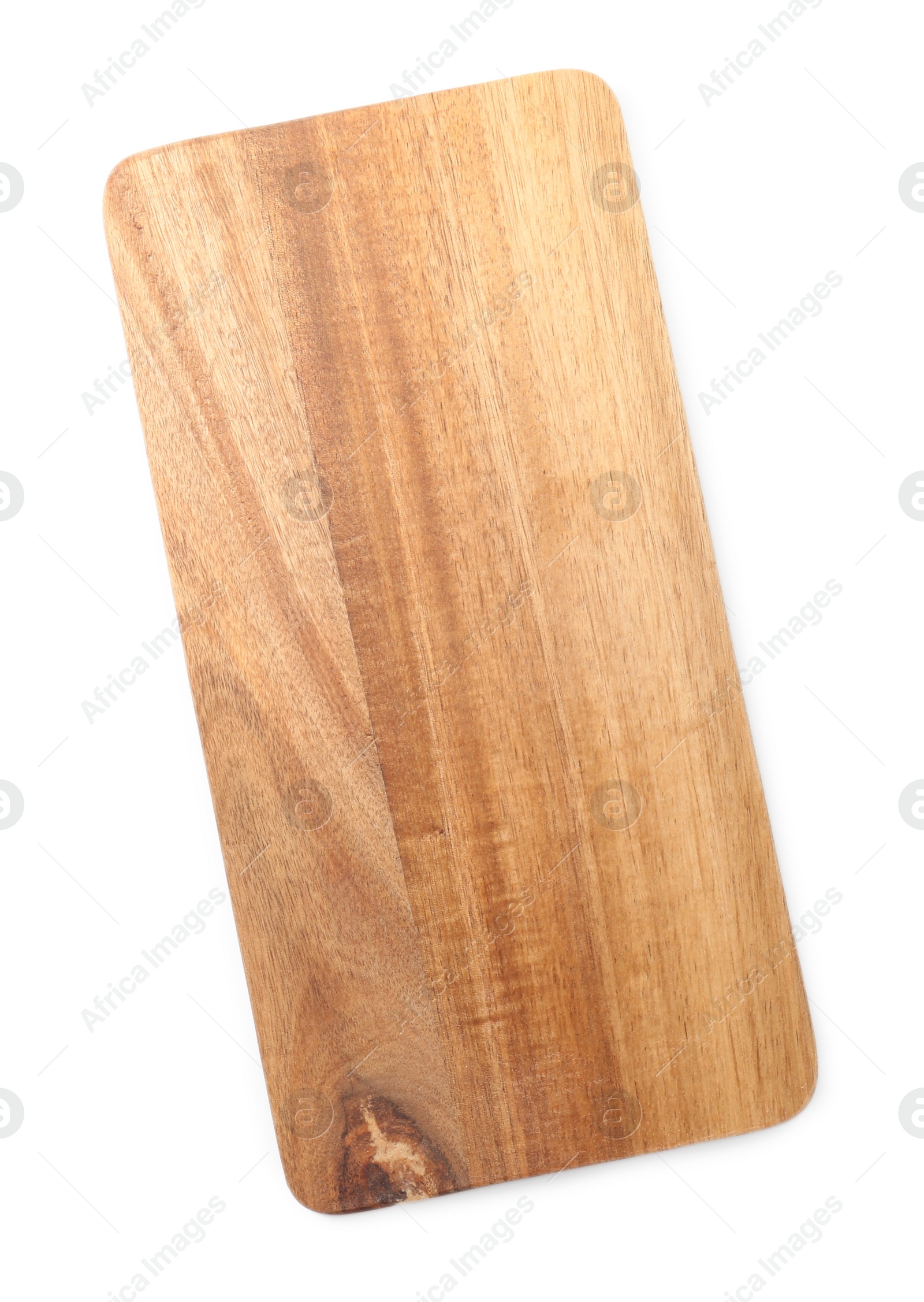 Photo of One wooden cutting board on white background, top view