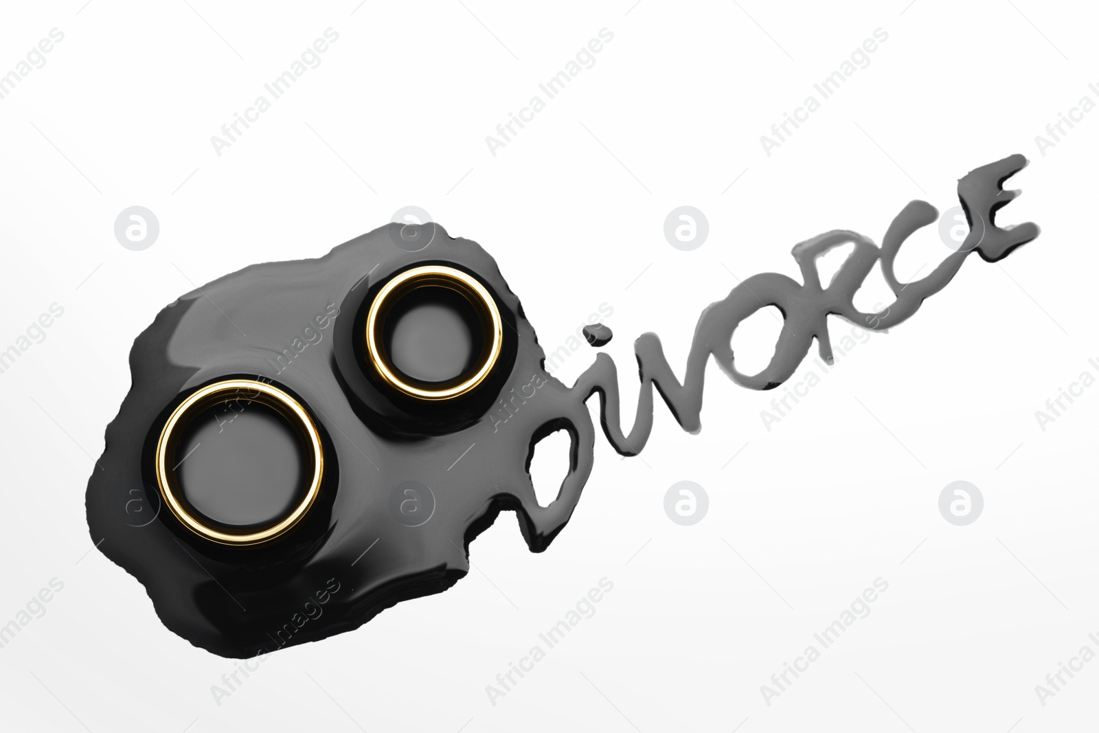 Photo of Wedding rings and word Divorce made of ink on white background, flat lay