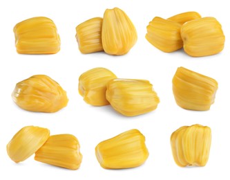 Set with delicious exotic jackfruit bulbs on white background