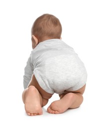 Cute little baby crawling on white background, back view