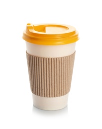 Photo of Takeaway paper coffee cup with lid and cardboard sleeve on white background