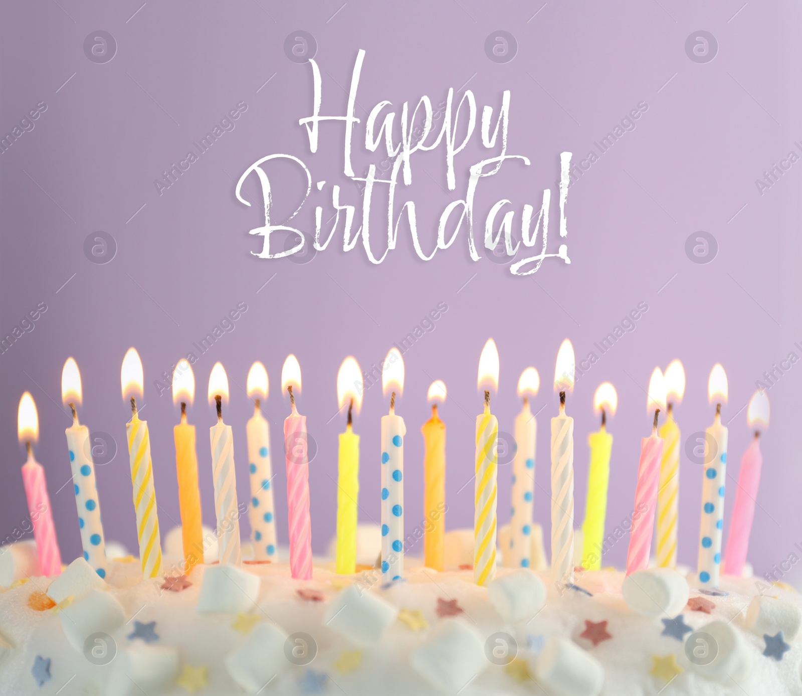 Image of Happy Birthday! Delicious cake with burning candles on violet background, closeup