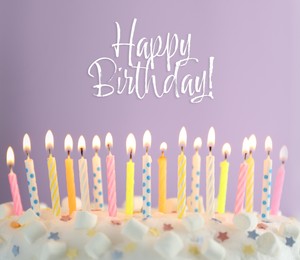 Image of Happy Birthday! Delicious cake with burning candles on violet background, closeup