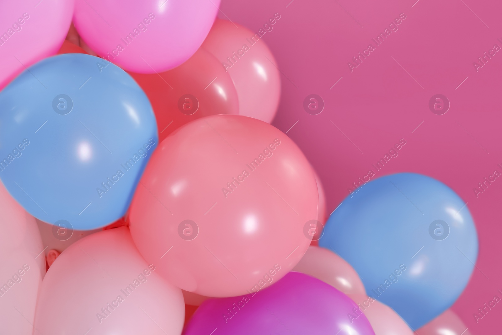 Image of Beautiful colorful balloons on pink background, closeup. Party decor 