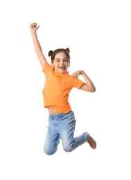 Photo of Cute little girl jumping on white background