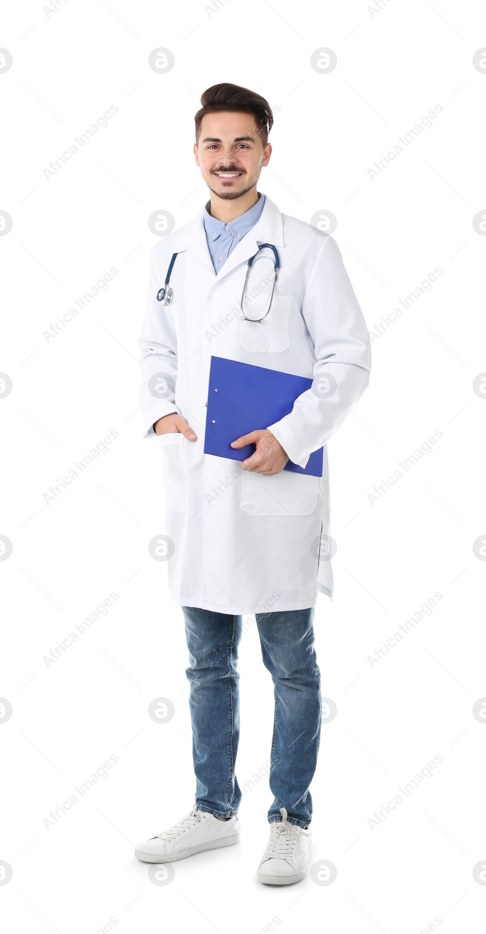 Photo of Young medical student with clipboard on white background